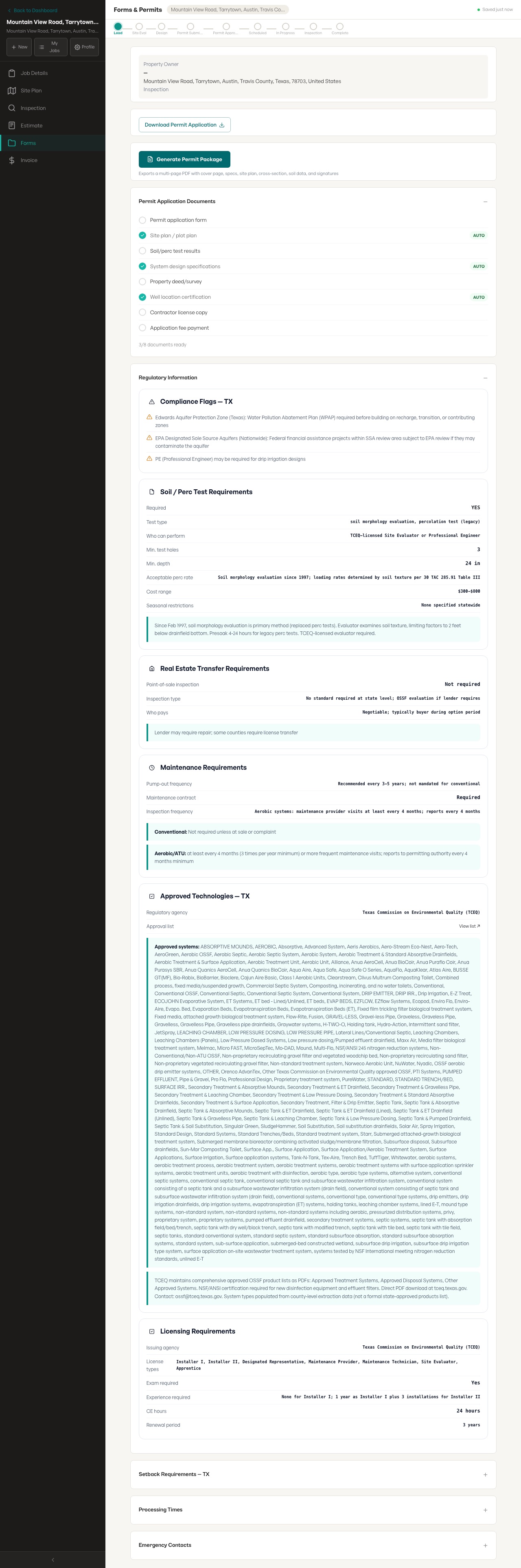 Actual SepticPro forms and permits screenshot showing permit checklist rows and regulatory information